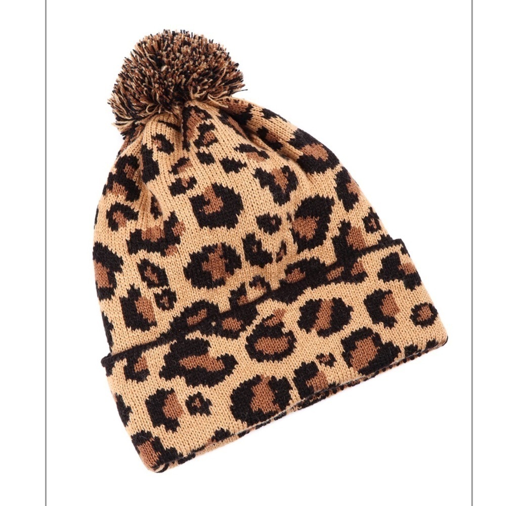 2/$30 - Leopard Print Knitted Pompom Beanie - Picture 3 of 4